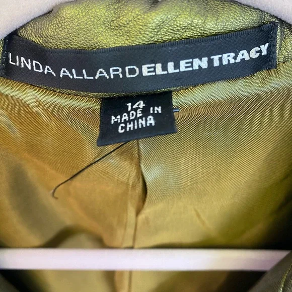 Linda Allard Ellen Tracy Metallic Green Gold Leather Jacket - Picture 3 of 10